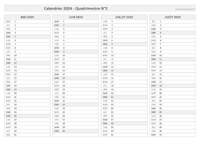 Calendrier 2024 vierge pour les mois de mai, juin, juillet, août 2024.