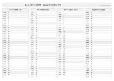 Calendrier 2024 vierge pour les mois de septembre, octobre, novembre, décembre 2024.