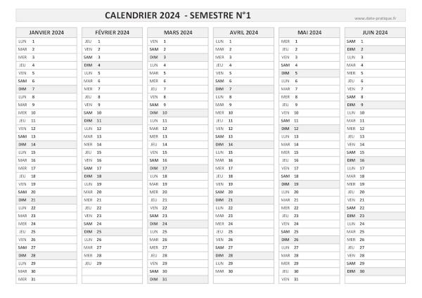 Calendrier 2024 vierge semestre N°1 : mois de janvier, février, mars, avril, mai et juin 2024.
