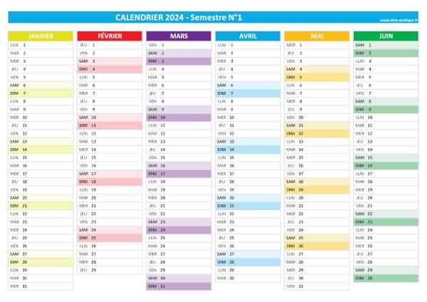 Calendrier 2024 vierge à imprimer - Semestre N°1.