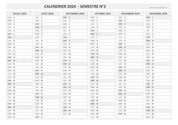 Calendrier 2024 vierge semestre N°2 : mois de juillet, août, septembre, octobre, novembre et décembre 2024.