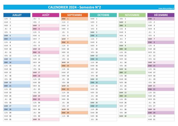 Calendrier 2024 vierge à imprimer - Semestre N°2.