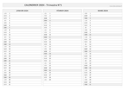 Calendrier vierge trimestre N°1 2024 : mois de janvier, février et mars 2024.