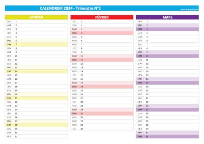 Calendrier 2024 vierge trimestre N°1 : mois de janvier, février et mars 2024.