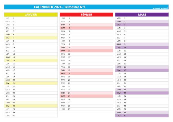 calendrier 2024 vierge trimestre N°1 : mois de janvier, février et mars 2024.