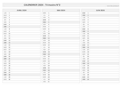Calendrier vierge trimestre N°2 2024 : mois d'avril, mai et juin 2024.