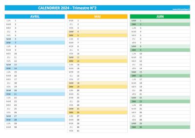 Calendrier 2024 vierge trimestre N°2 : mois d'avril, mai et juin 2024.