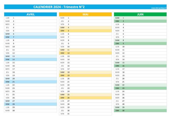 calendrier 2024 vierge trimestre N°2 : mois d'avril, mai et juin 2024.
