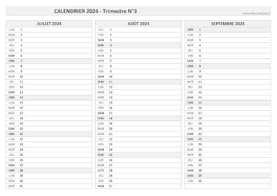 Calendrier vierge trimestre N°3 2024 : mois de juillet, août et septembre 2024.