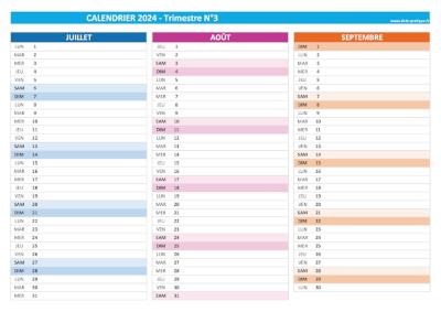 Calendrier 2024 vierge trimestre N°3 : mois de juillet, août et septembre 2024.