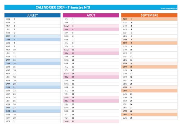 calendrier 2024 vierge trimestre N°3 : mois de juilet, août et septembre 2024.