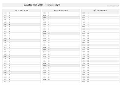 Calendrier vierge trimestre N°4 2024 : mois d'octobre, novembre et décembre 2024.