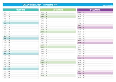 Calendrier 2024 vierge trimestre N°4 : mois d'octobre, novembre et décembre 2024.