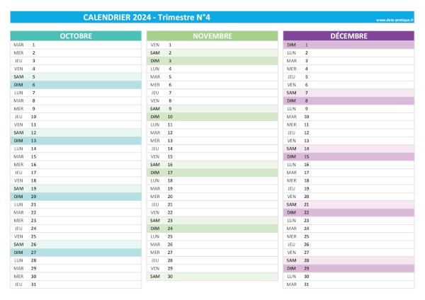 calendrier 2024 vierge trimestre N°4 : mois d'octobre, novembre et décembre.