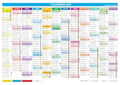 Calendrier 2025 avec numéros de semaine.