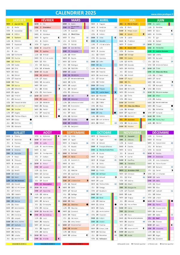 Calendrier 2025 à imprimer, format A4 paysage.