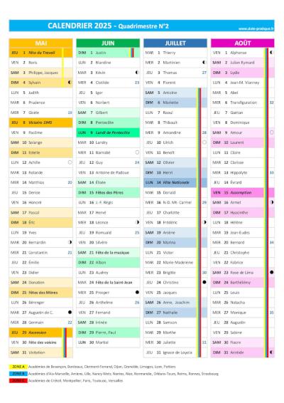 Calendrier 2025 quadrimestre N°2 : mois de mai, juin, juillet et Août 2025.