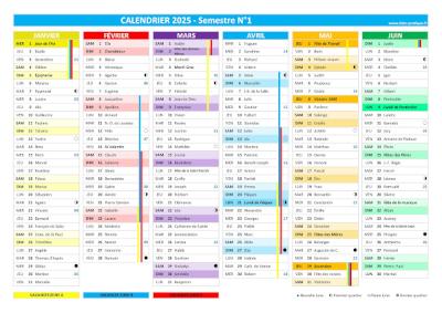 calendrier 2025 semestriel : semestre N°1.