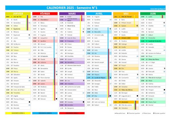 Calendrier 2025 semestre 1.