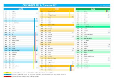 Calendrier 2025 trimestre N°2 : mois d'avril, mai et juin 2025.