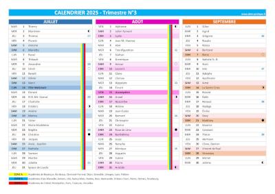 Calendrier 2025 trimestre N°3 : mois de juillet, août et septembre 2025.