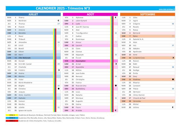 calendrier 2025 trimestre N°3 : mois de juilet, août et septembre 2025.