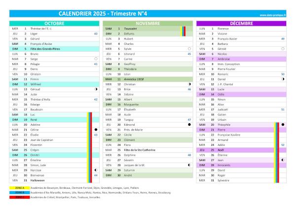 calendrier 2025 trimestre N°4 : mois d'octobre, novembre et décembre 2025.