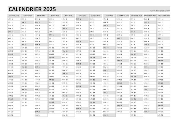 Calendrier vierge 2025 à imprimer.