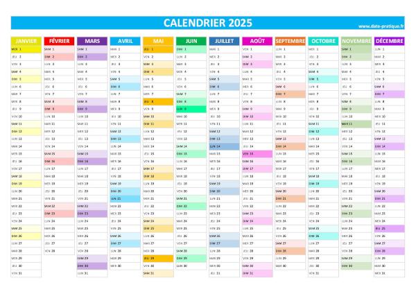 Calendrier 2025 vierge à imprimer, format A4 paysage.