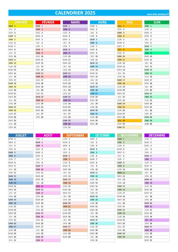 Calendrier 2025 vierge à imprimer, format A4 paysage.