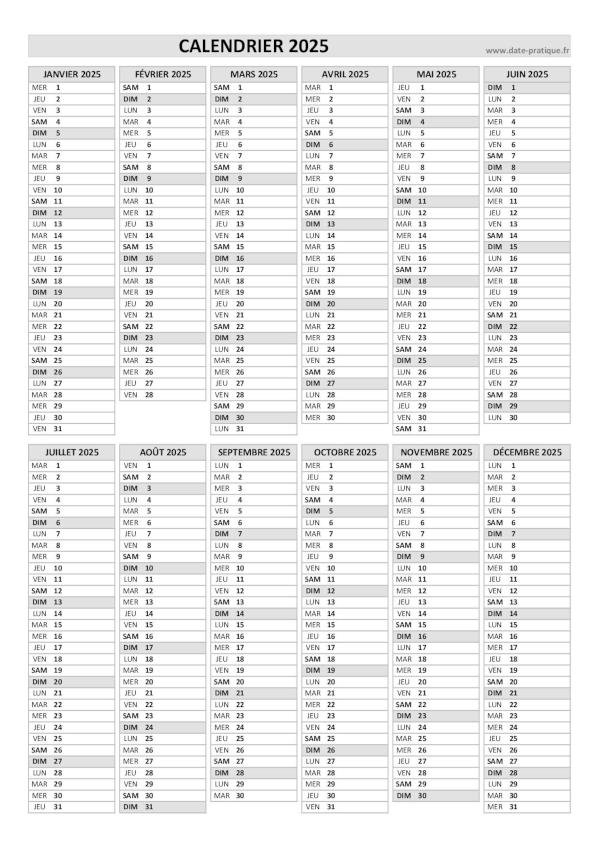 Calendrier 2025 vierge à imprimer en noir et blanc, format A4 portrait.