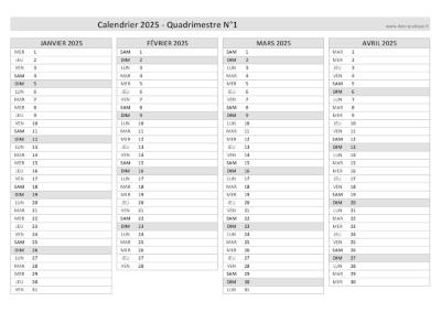 Calendrier 2025 vierge pour les mois de janvier, février, mars et avril 2025.