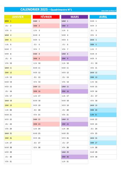 Calendrier 2025 vierge pour les mois de janvier, février, mars et avril 2025.