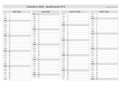 Calendrier 2025 vierge pour les mois de mai, juin, juillet, août 2025.