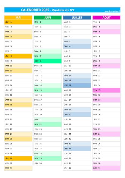 Calendrier 2025 vierge pour les mois de mai, juin, juillet, août 2025.