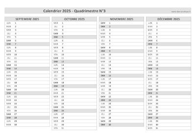 Calendrier 2025 vierge pour les mois de septembre, octobre, novembre, décembre 2025.
