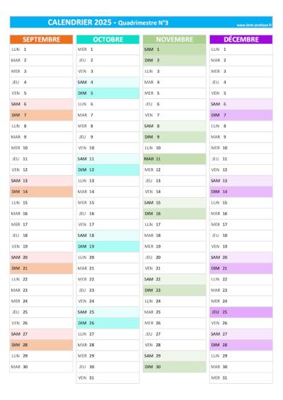 Calendrier 2025 vierge pour les mois de septembre, octobre, novembre, décembre 2025.