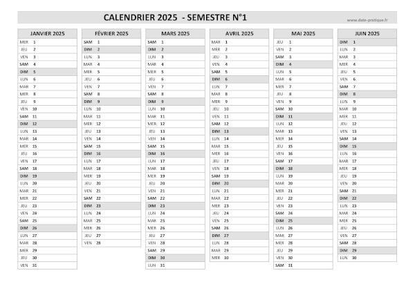 Calendrier 2025 vierge semestre N°1 : mois de janvier, février, mars, avril, mai et juin 2025.