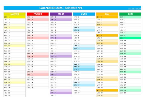 Calendrier 2025 vierge à imprimer - Semestre N°1.