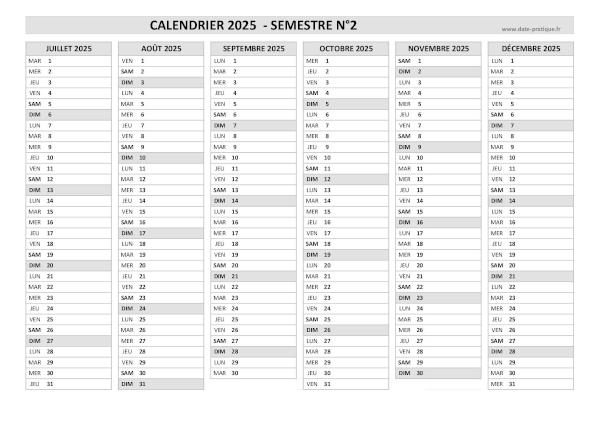 Calendrier 2025 vierge semestre N°2 : mois de juillet, août, septembre, octobre, novembre et décembre 2025.