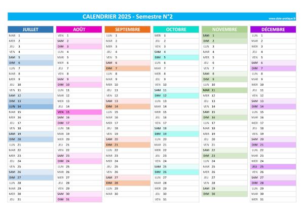 Calendrier 2025 vierge à imprimer - Semestre N°2.
