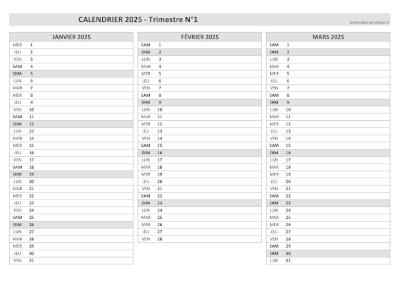 Calendrier vierge trimestre N°1 2025 : mois de janvier, février et mars 2025.