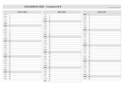 Calendrier vierge trimestre N°2 2025 : mois d'avril, mai et juin 2025.
