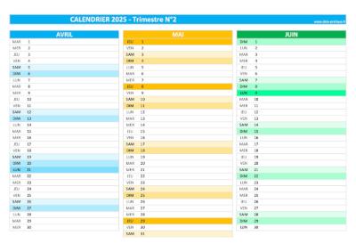 Calendrier 2025 vierge trimestre N°2 : mois d'avril, mai et juin 2025.