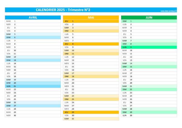calendrier 2025 vierge trimestre N°2 : mois d'avril, mai et juin 2025.