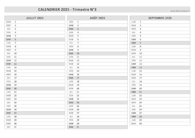 Calendrier vierge trimestre N°3 2025 : mois de juillet, août et septembre 2025.