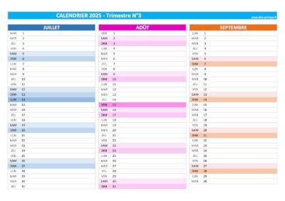 Calendrier 2025 vierge trimestre N°3 : mois de juillet, août et septembre 2025.