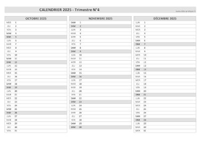 Calendrier vierge trimestre N°4 2025 : mois d'octobre, novembre et décembre 2025.
