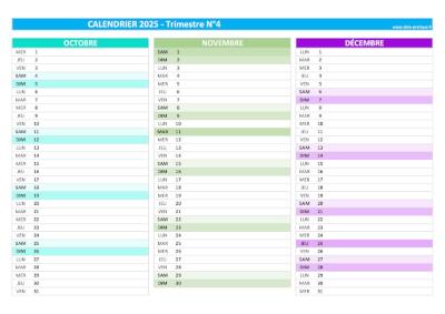 Calendrier 2025 vierge trimestre N°4 : mois d'octobre, novembre et décembre 2025.