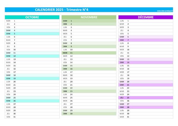 calendrier 2025 vierge trimestre N°4 : mois d'octobre, novembre et décembre.